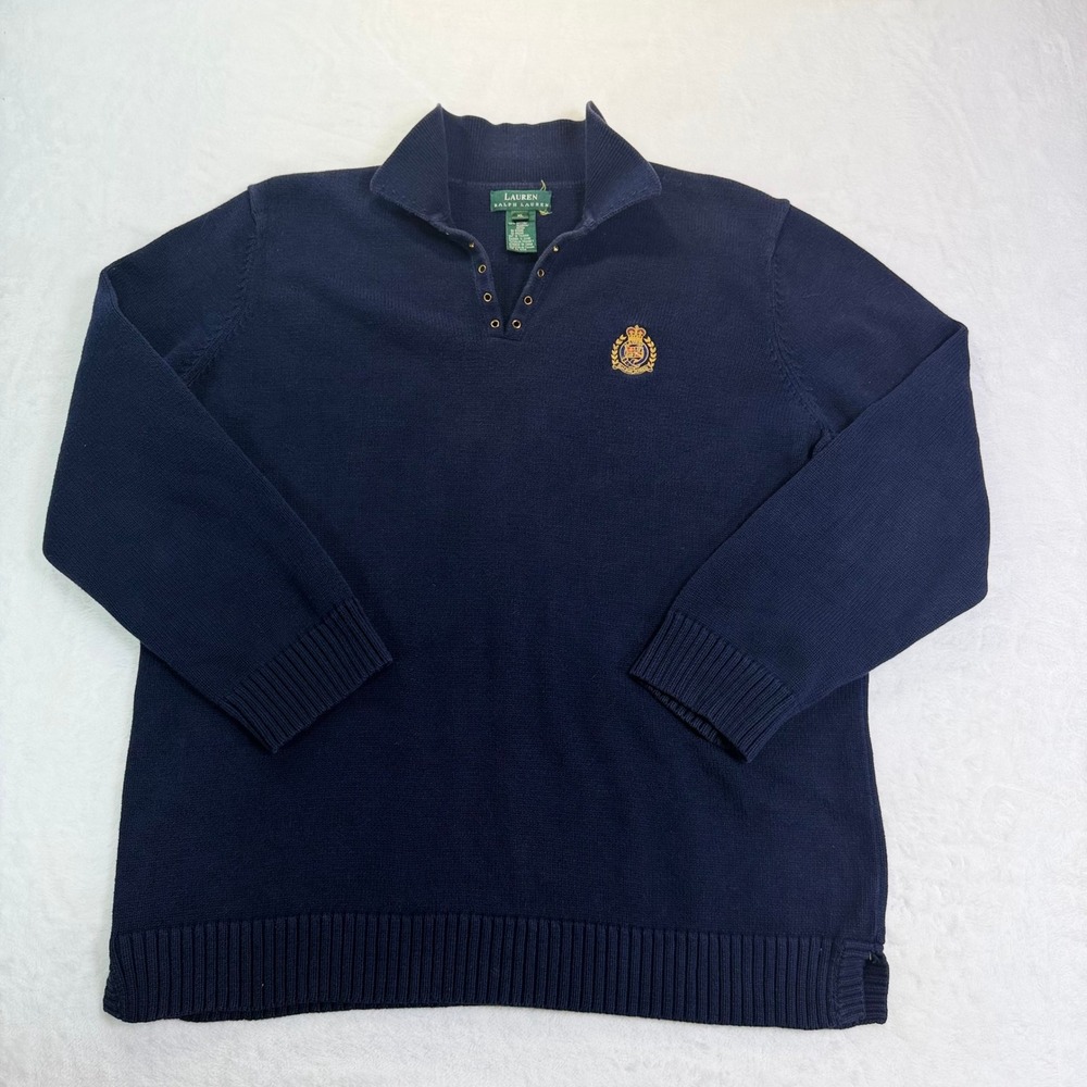 VTG 90s‎ Lauren Ralph Lauren Navy Blue Cotton Crest Sweater XL Lace Up-No Lace